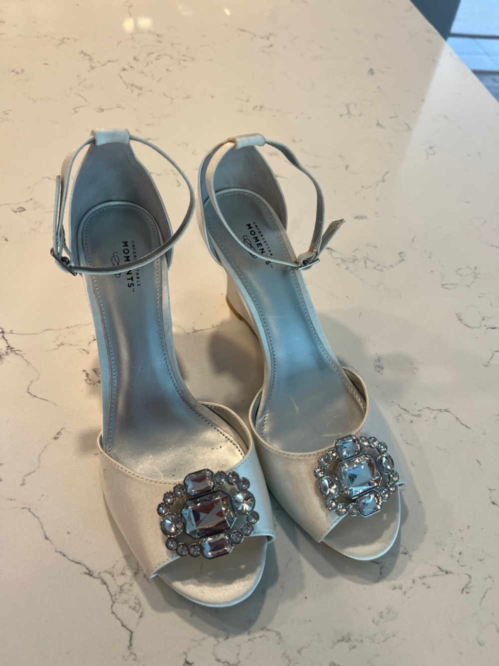 Women’s Satin Ankle-Strap Heels with Decorative Crystal Accent - Ivory